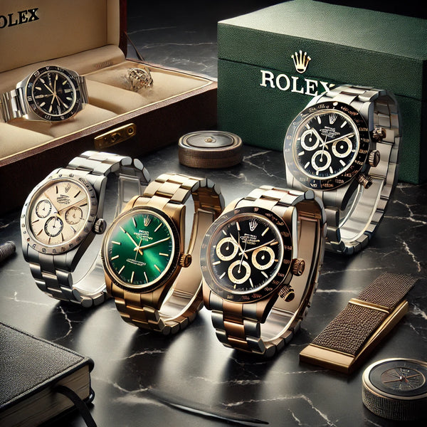 Discover luxury watch trends with this photo showcasing minimalist designs, bold colors, and innovative hybrid models on an elegant marble surface