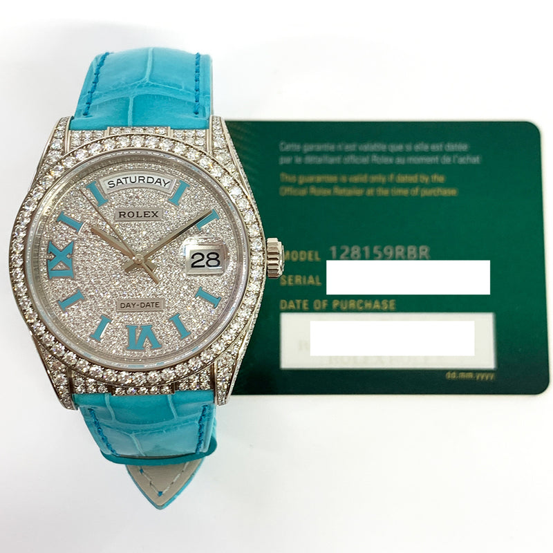 Rolex Day Date 128159RBR Pave Diamond Roman Dial