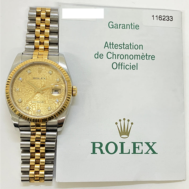 Rolex Datejust 36mm Jubilee 116233 Stainless Steel & Yellow Gold Watch  Champagne Jubilee Diamond Dial