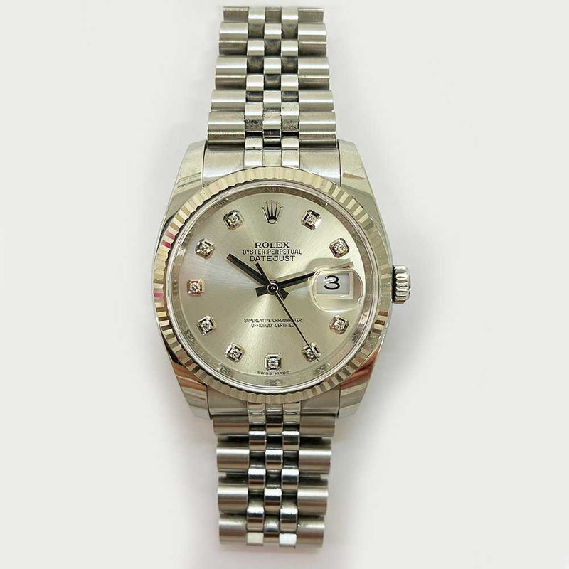 DATEJUST 36MM SILVER DIAMOND DIAL FLUTED WHITE GOLD BEZEL JUBILEE BRACELET STAINLESS STEEL