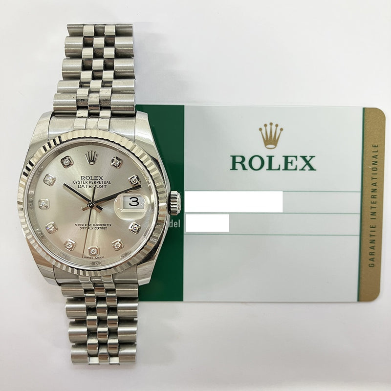 DATEJUST 36MM SILVER DIAMOND DIAL FLUTED WHITE GOLD BEZEL JUBILEE BRACELET STAINLESS STEEL
