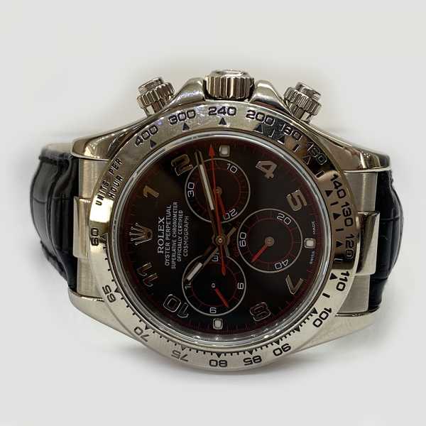 COSMOGRAPH DAYTONA 40MM BLACK ARABIC DIAL BLACK LEATHER STRAP WHITE GOLD