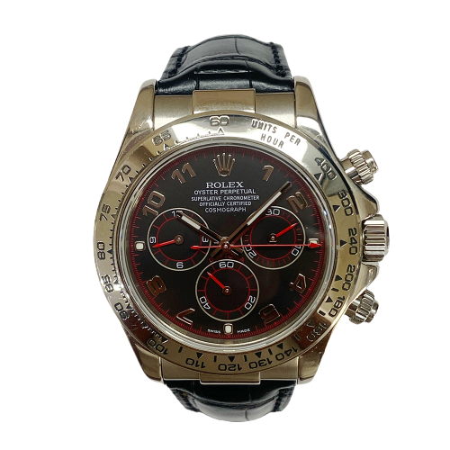 COSMOGRAPH DAYTONA 40MM BLACK ARABIC DIAL BLACK LEATHER STRAP WHITE GOLD