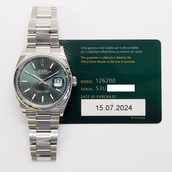 2 Rolex Datejust 126200 Mint Green Dial Jul 2024
