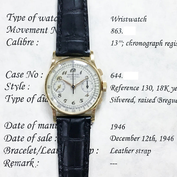 Patek Philippe Chronograph 130J Tifanny Breguet Dial Dec 1946