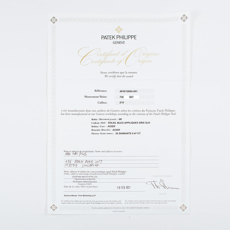 Patek Philippe Twenty~4 4910/1200A-001 Blue Dial Feb 2021