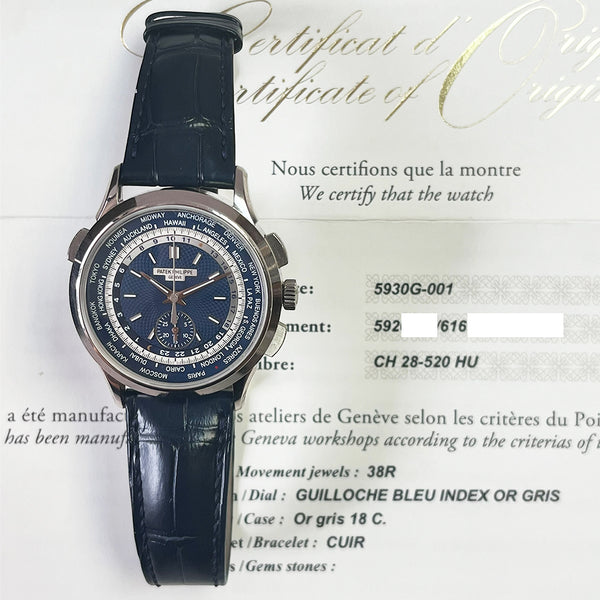 Patek Philippe World Time Flyback Chronograph 5930G-001 Blue Dial Sep 2016