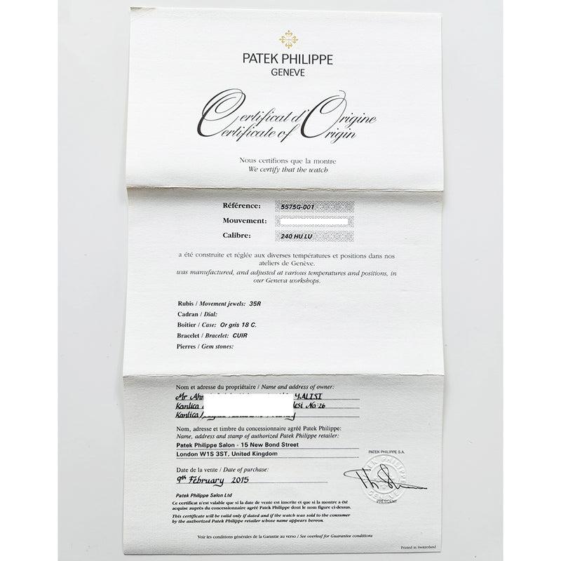 Patek Philippe World Time Moon 5575G-001 Black Dial Feb 2015