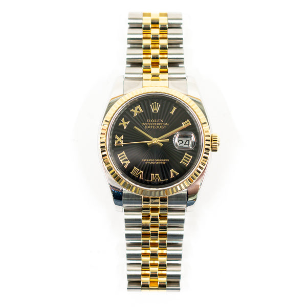 Rolex Datejust 116233 Black Sunbean Roman Dial Jan 2007