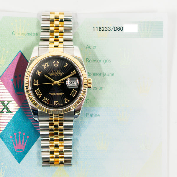 Rolex Datejust 116233 Black Sunbean Roman Dial Jan 2007