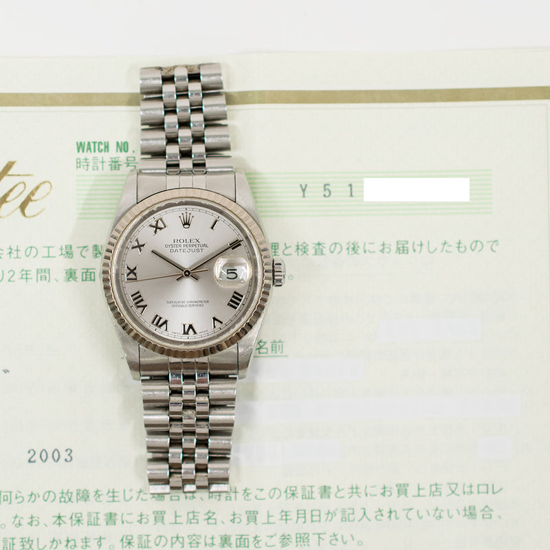 Rolex Datejust 16234 Silver Roman Dial Mar 2003
