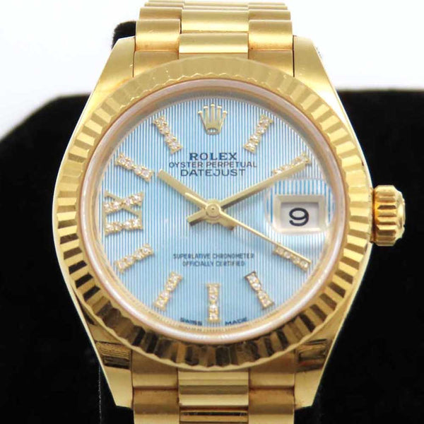 Rolex Datejust 28mm Yellow Gold 279178 Blue Tapestry Diamond Dial