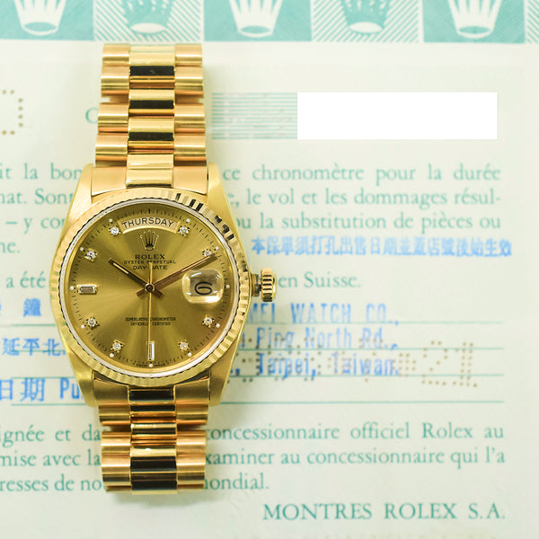 Rolex Day-Date 18038 Champagne Diamond Dial Jul 1988