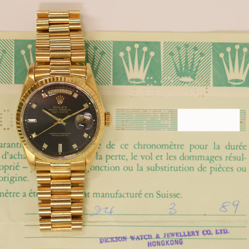 Rolex Day-Date 36mm 18238A Black Diamond Dial Mar 1989 – CHRONONATION