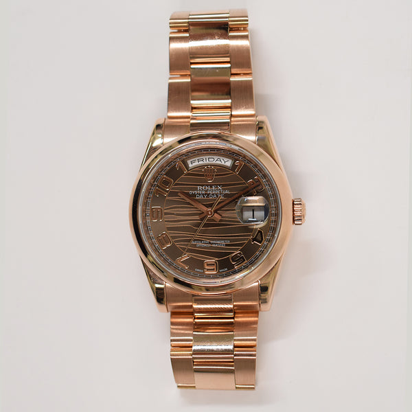 Rolex Day-Date 36mm Rose Gold 118205 Black Wave Arabic Dial
