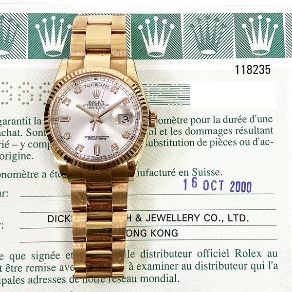 Rolex Day Date 118235 Silver Diamond Dial Oct 2000