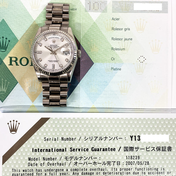 Rolex Day Date 118239A Silver Diamond Dial Jan 2003