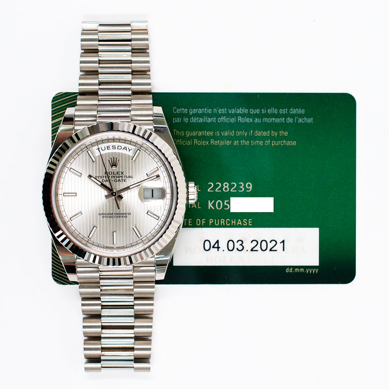 Rolex Day Date 228239 Silver Stripes Dial Mar 2021