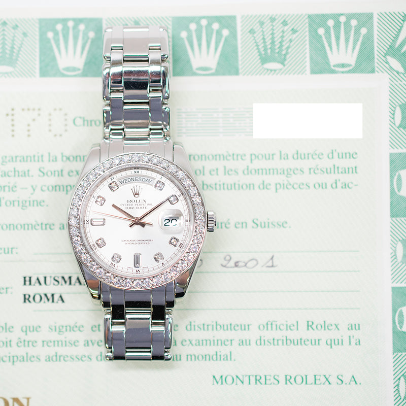 Rolex Day Date Pearlmaster 18946 Silver Diamond Dial May 2001