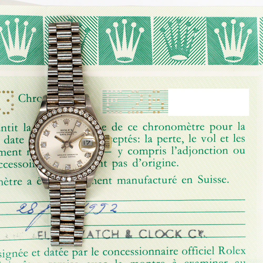 Rolex Lady Datejust 69139G Silver Diamond Dial Jul 1992 – CHRONONATION