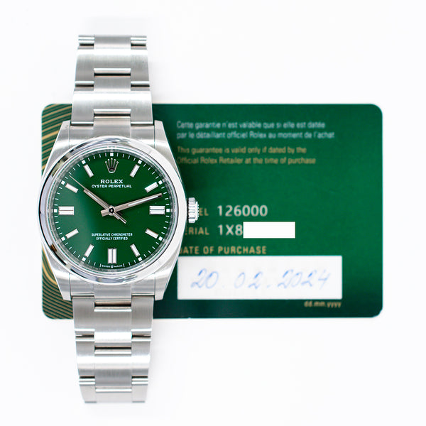 Rolex Oyster Perpetual 126000 Green Dial Feb 2024